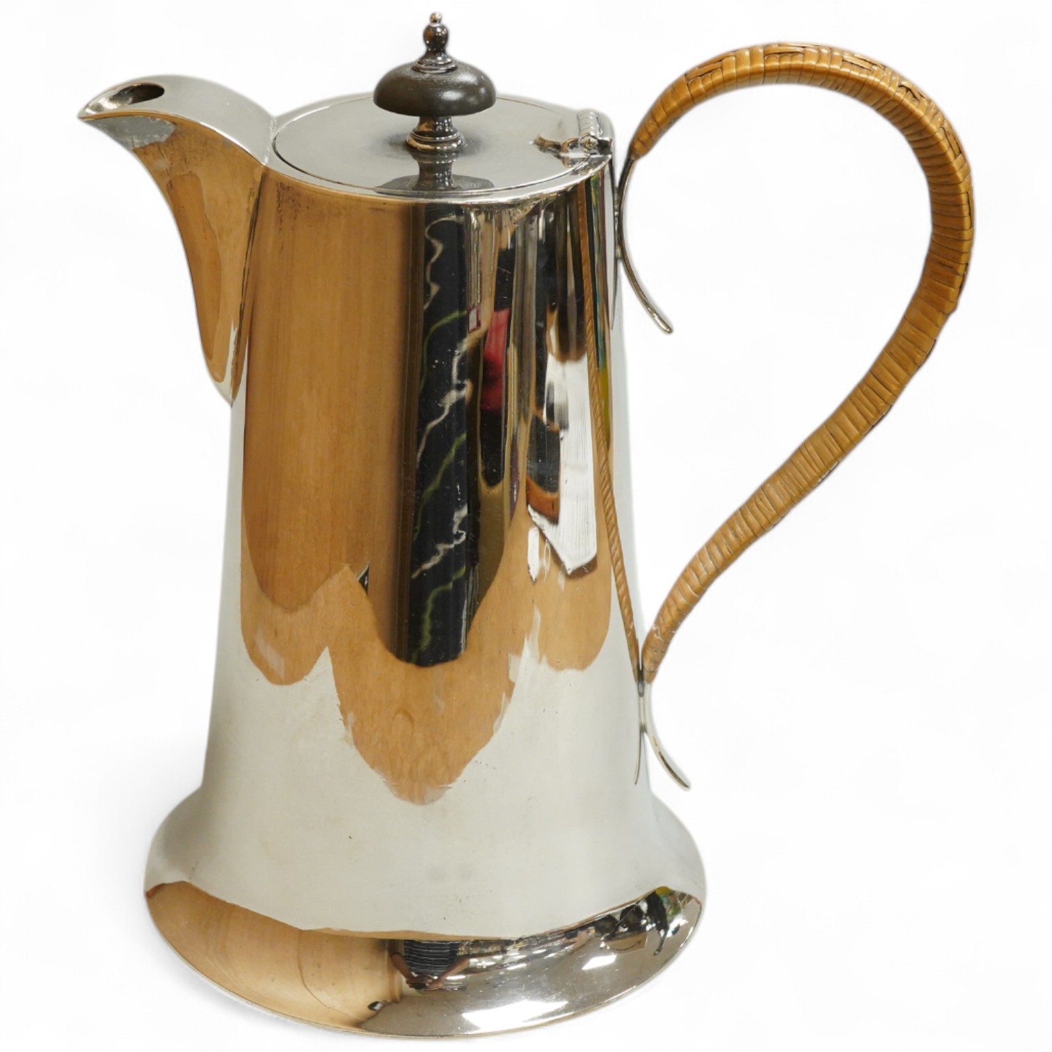 A George V silver hot water jug, by Walker & Hall, Sheffield, 1922, of tapering form, with rattan handle and circular spreading foot, height 22cm, 24.7oz.